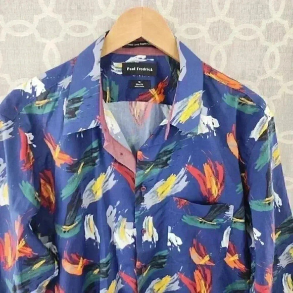 Paul Fredrick Blue Graphic Printed Long Sleeve Button Down Casual Slim shirt Men - Picture 3 of 10